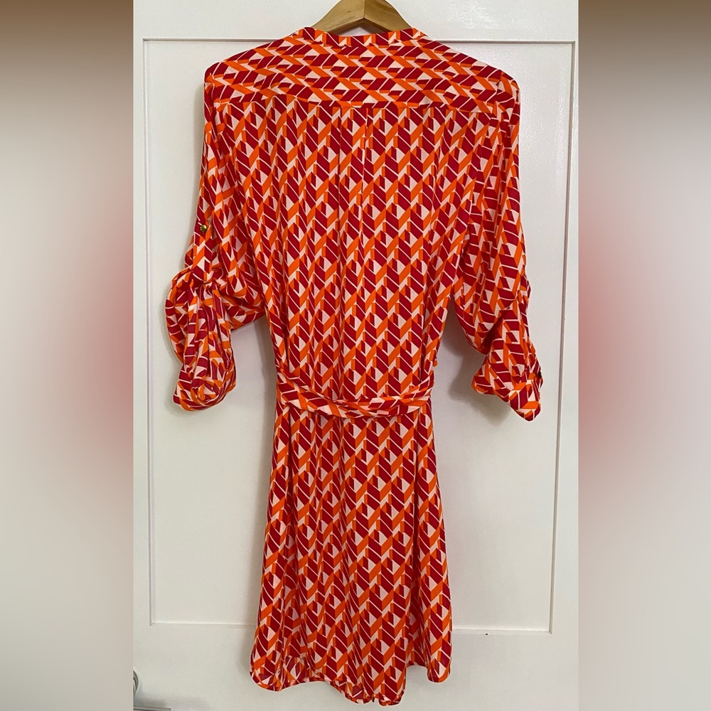 New Banana Republic Geometric Print Belt Front Pleated Dress OrangeMulti Size10 - Picture 6 of 15